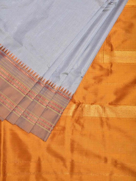 Light Grey and Yellow Narayanpet Silk Handloom Plain Saree with Contrast Pallu Design No Blouse np1109