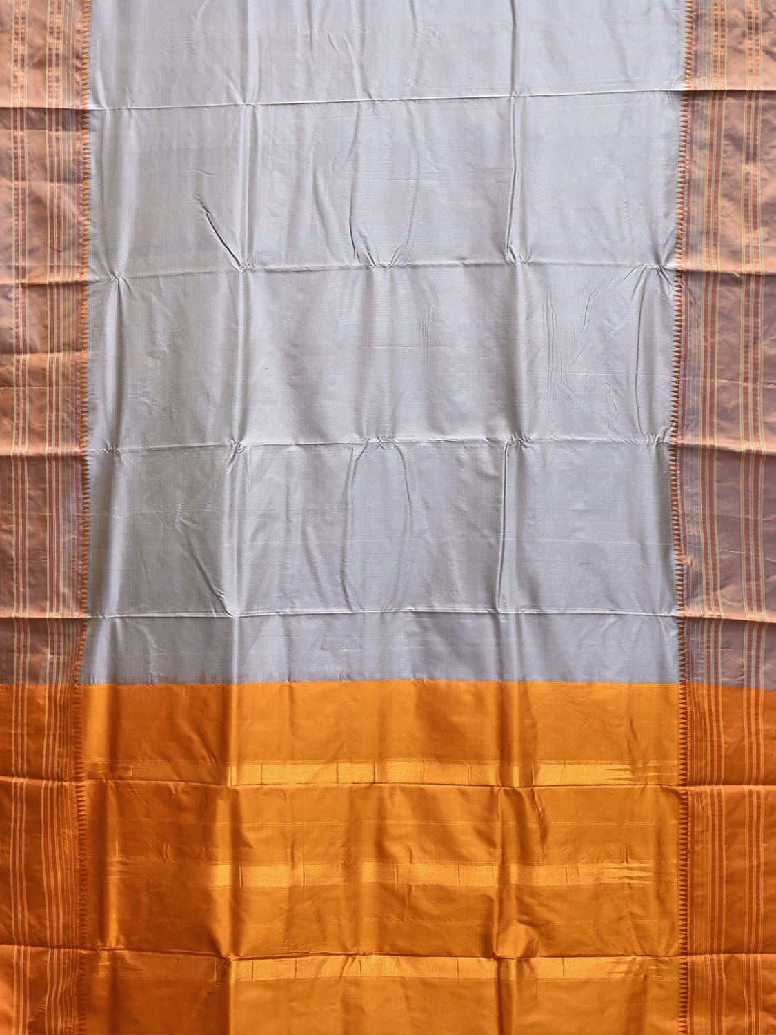 Light Grey and Yellow Narayanpet Silk Handloom Plain Saree with Contrast Pallu Design No Blouse np1109
