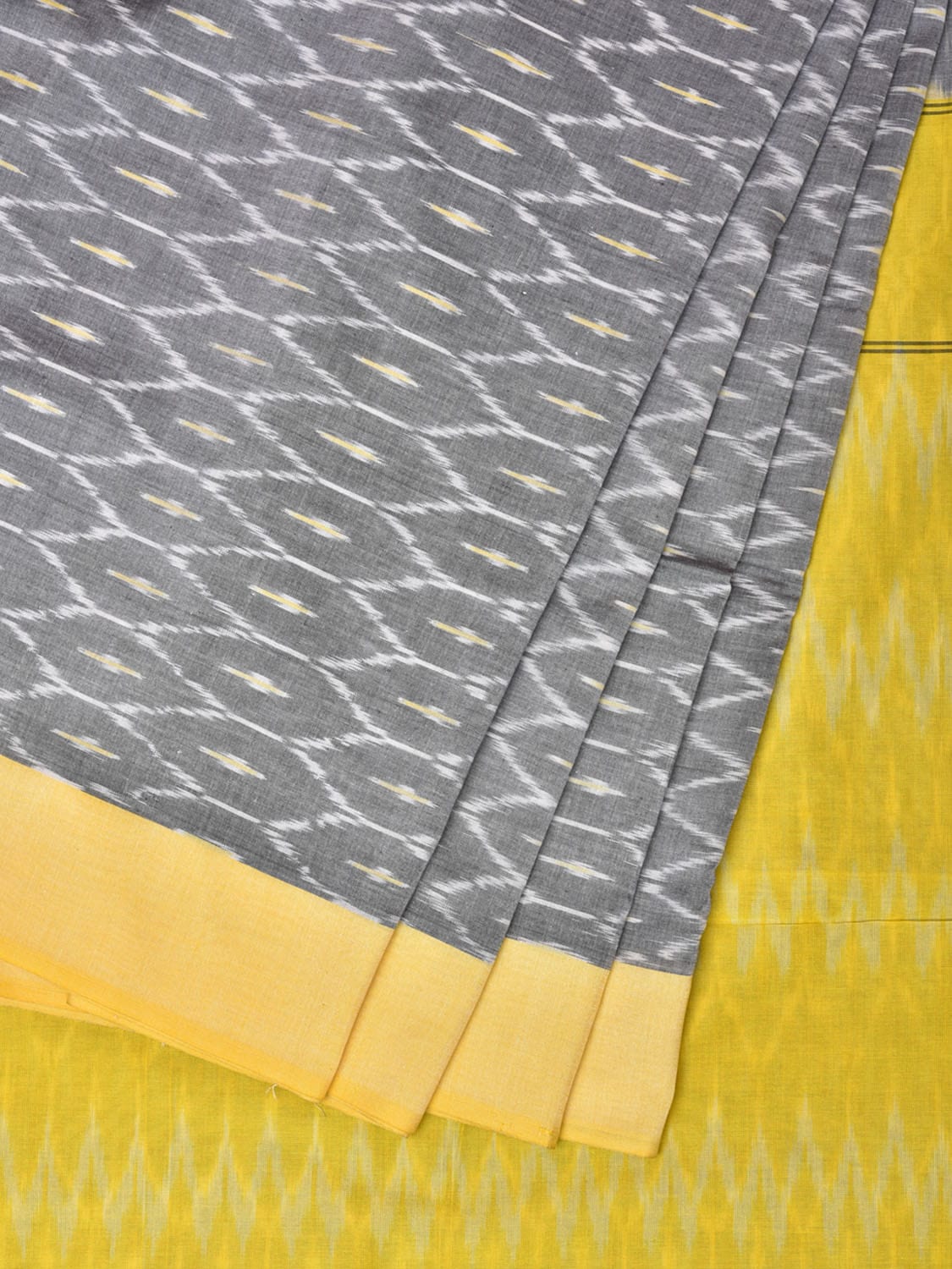 Light Grey and Yellow Pochampally Ikat Cotton Handloom Saree with Grill Design No Blouse i0782