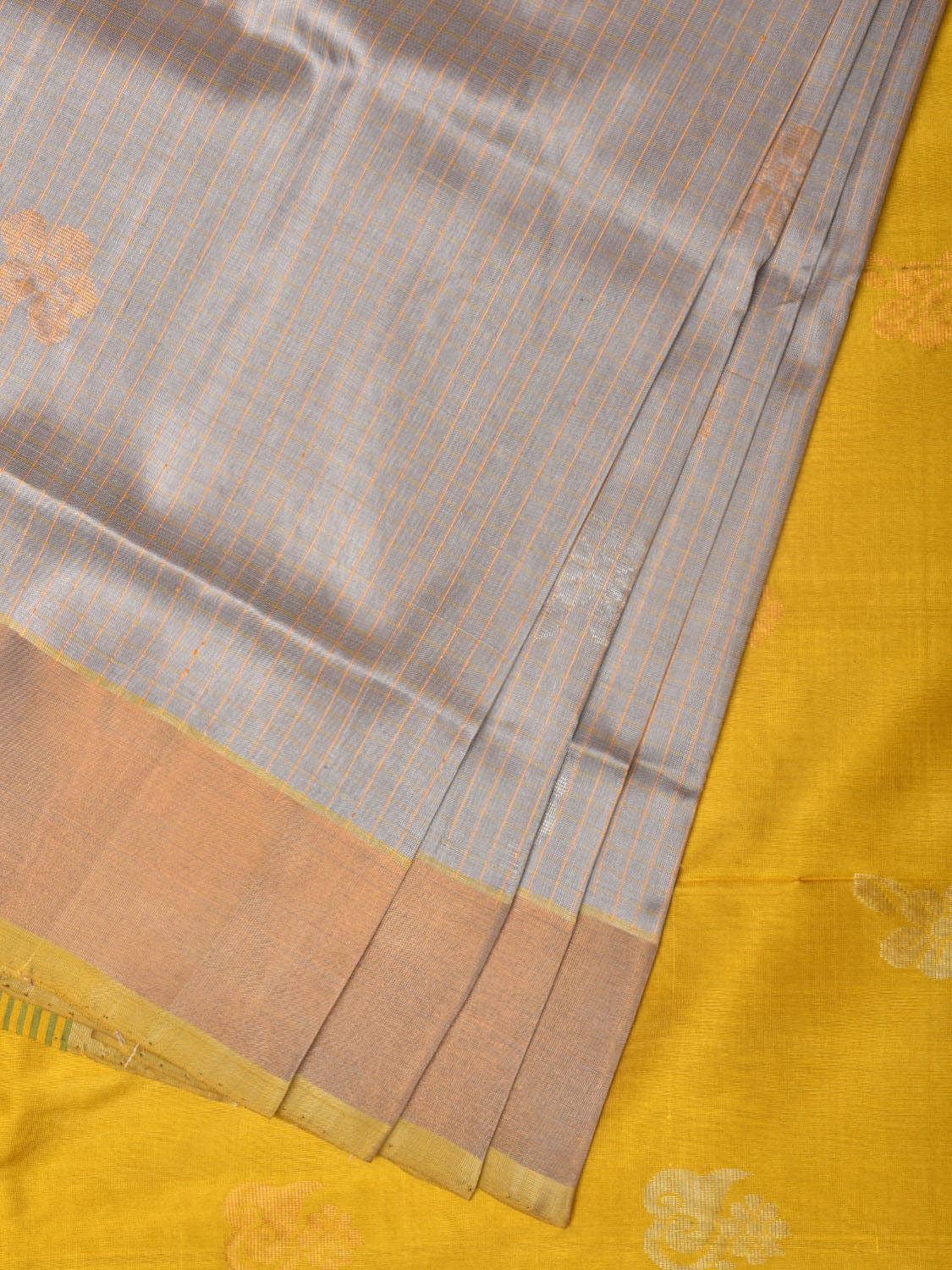 Light Grey and Yellow Uppada Silk Handloom Saree with Body Buta and Checks Design u2122