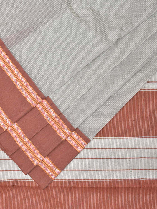 Light Grey Bamboo Cotton Plain Saree with Strips Design No Blouse bc0202
