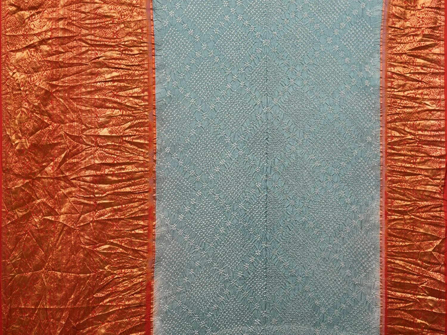 Light Grey Bandhani Kanchipuram Silk Handloom Saree with Big Border Design bn0249