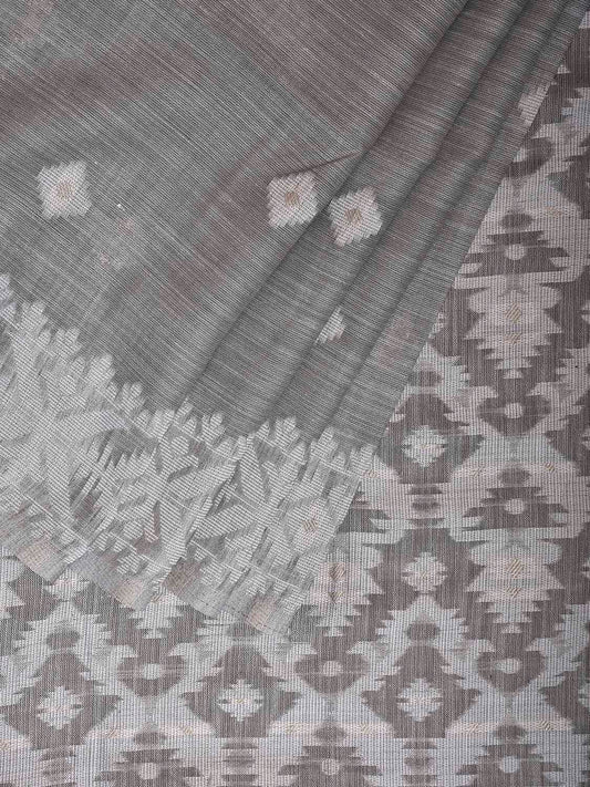 Light Grey Dhakai Jamdani Cotton Viscose Saree with Border and Pallu Design dj0130