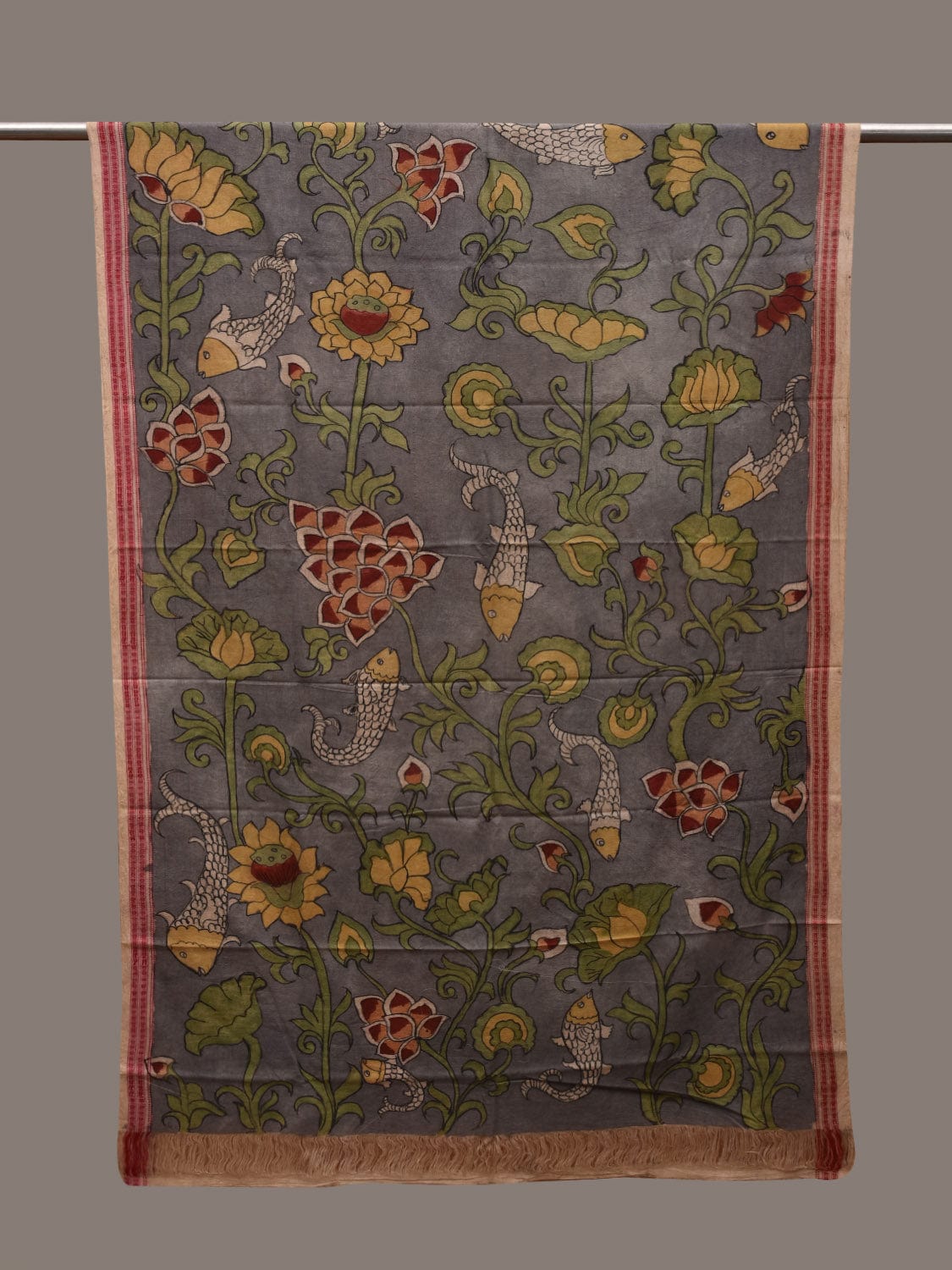 Light Grey Kalamkari Hand Painted Cotton Handloom Dupatta with Fish and Floral Design ds2961