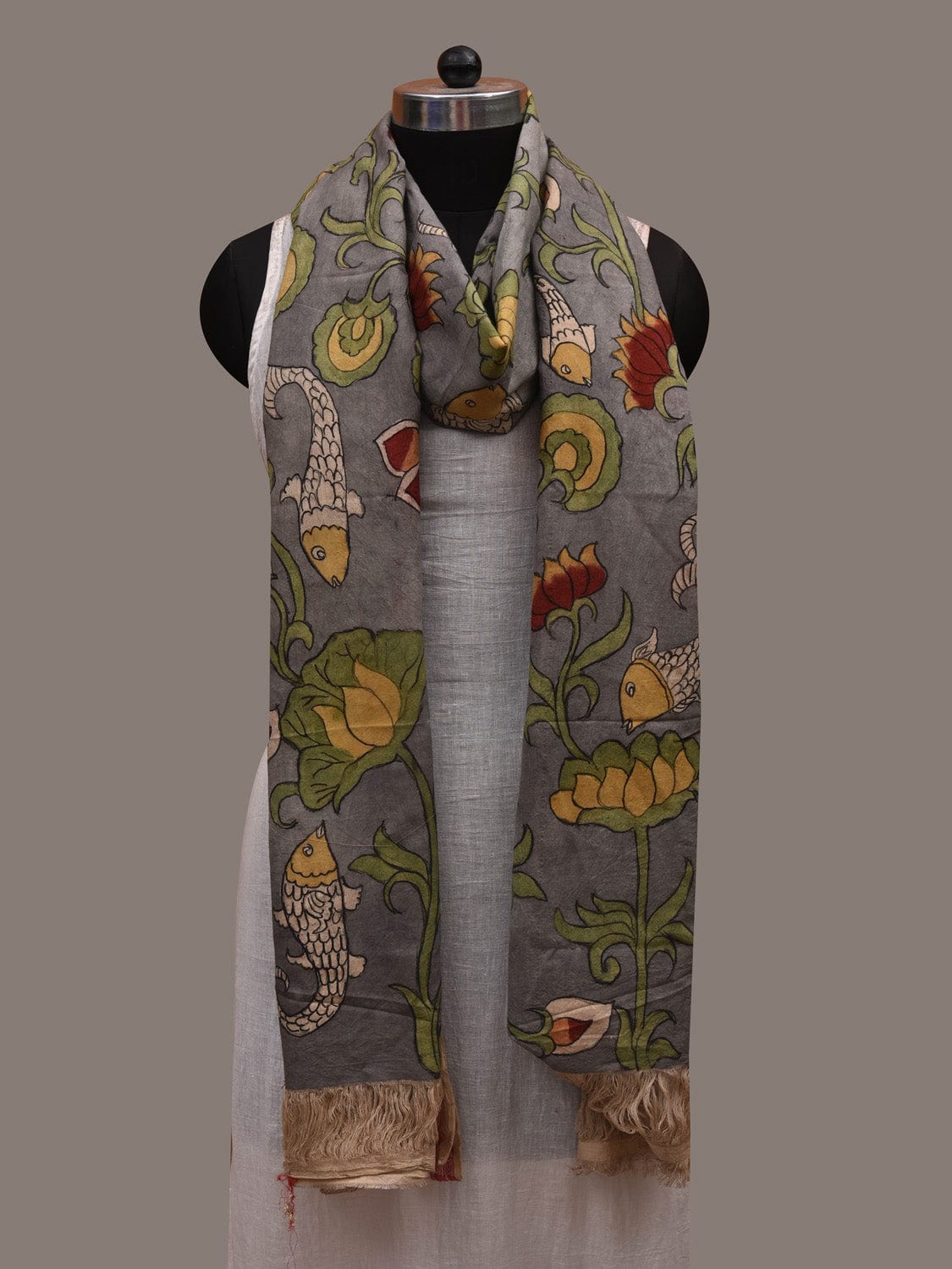 Light Grey Kalamkari Hand Painted Cotton Handloom Dupatta with Fish and Floral Design ds2961