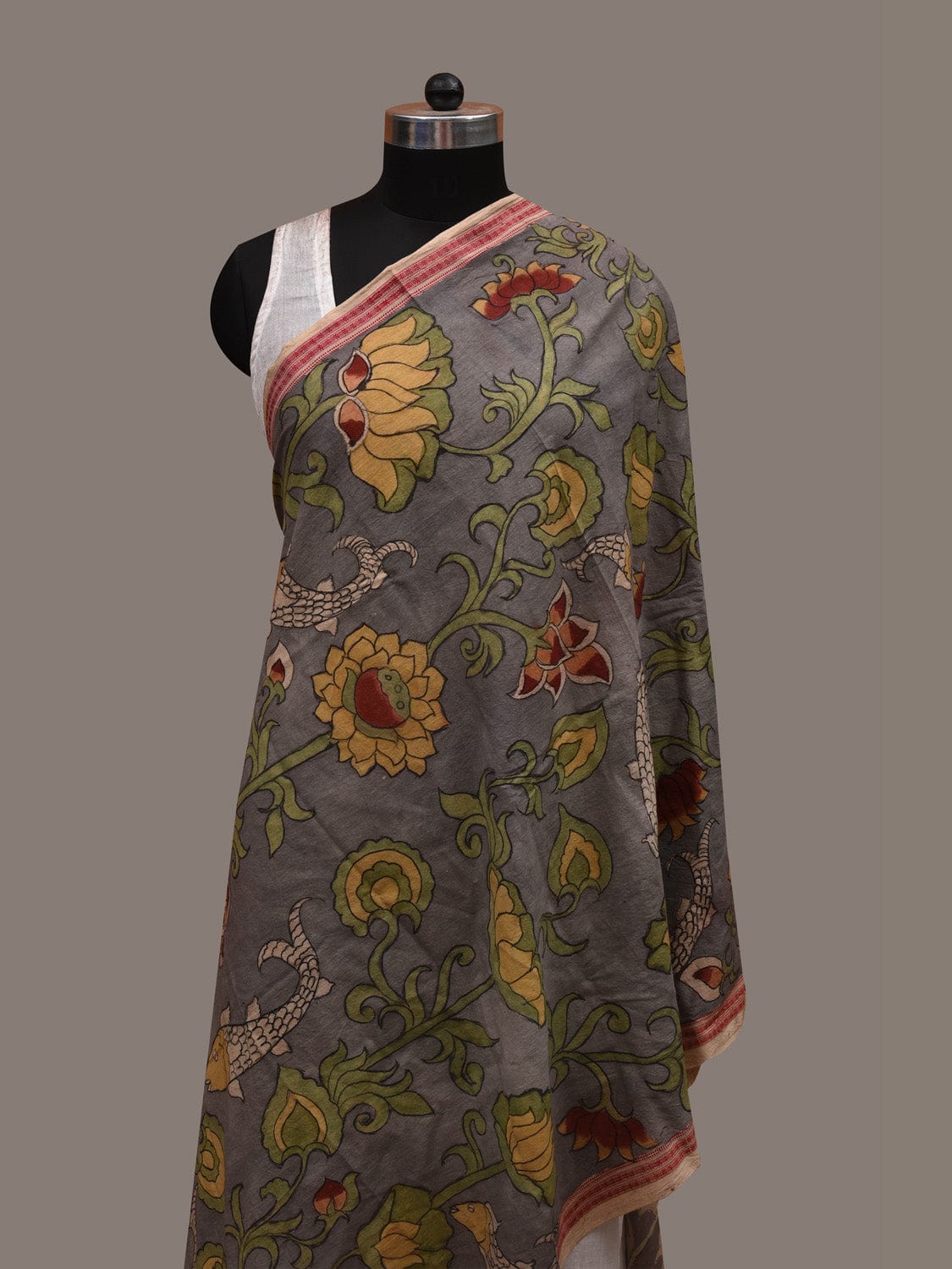 Light Grey Kalamkari Hand Painted Cotton Handloom Dupatta with Fish and Floral Design ds2961