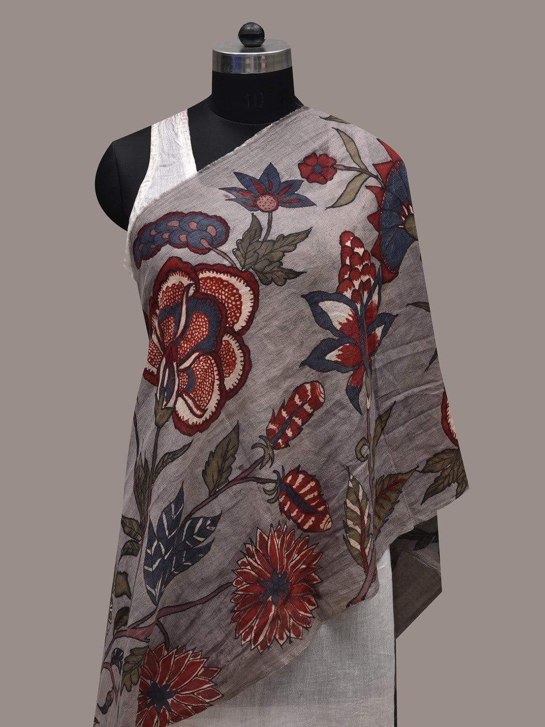 Light Grey Kalamkari Hand Painted Cotton Handloom Stole with Floral Design ds2532