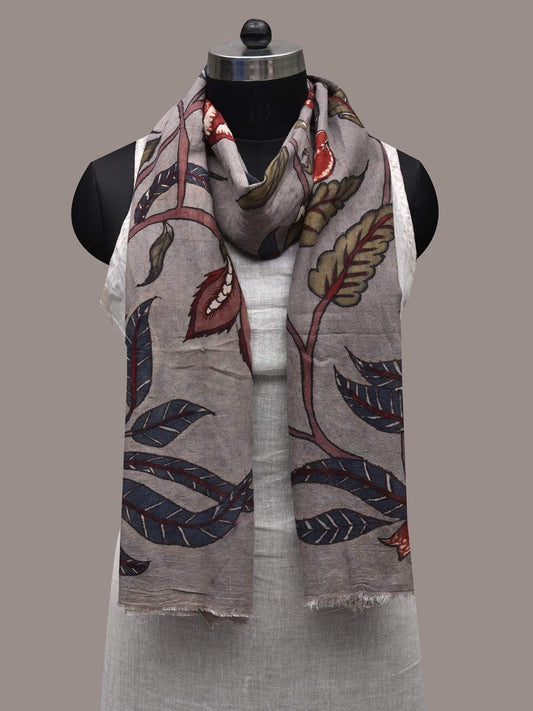 Light Grey Kalamkari Hand Painted Cotton Handloom Stole with Floral Design ds2532