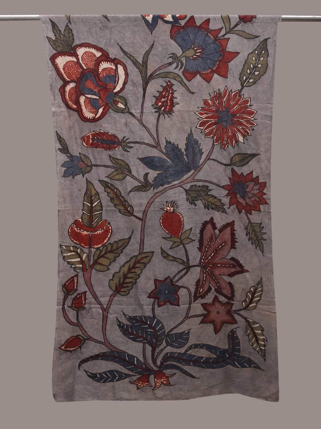 Light Grey Kalamkari Hand Painted Cotton Handloom Stole with Floral Design ds2532