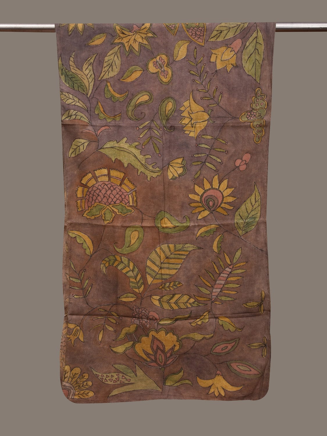 Light Grey Kalamkari Hand Painted Cotton Handloom Stole with Floral Design ds2998
