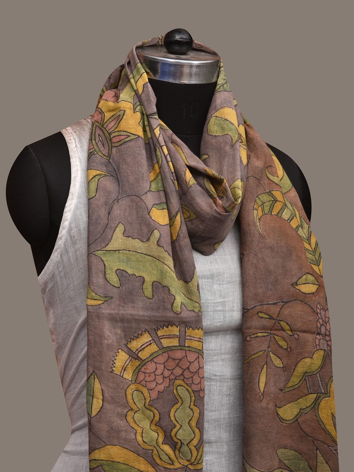 Light Grey Kalamkari Hand Painted Cotton Handloom Stole with Floral Design ds2998