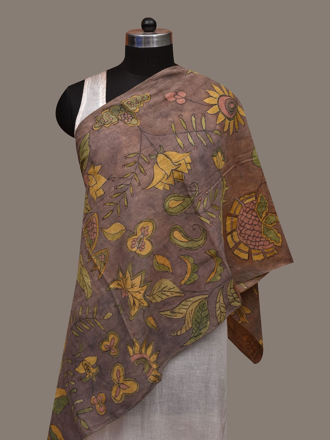 Light Grey Kalamkari Hand Painted Cotton Handloom Stole with Floral Design ds2998