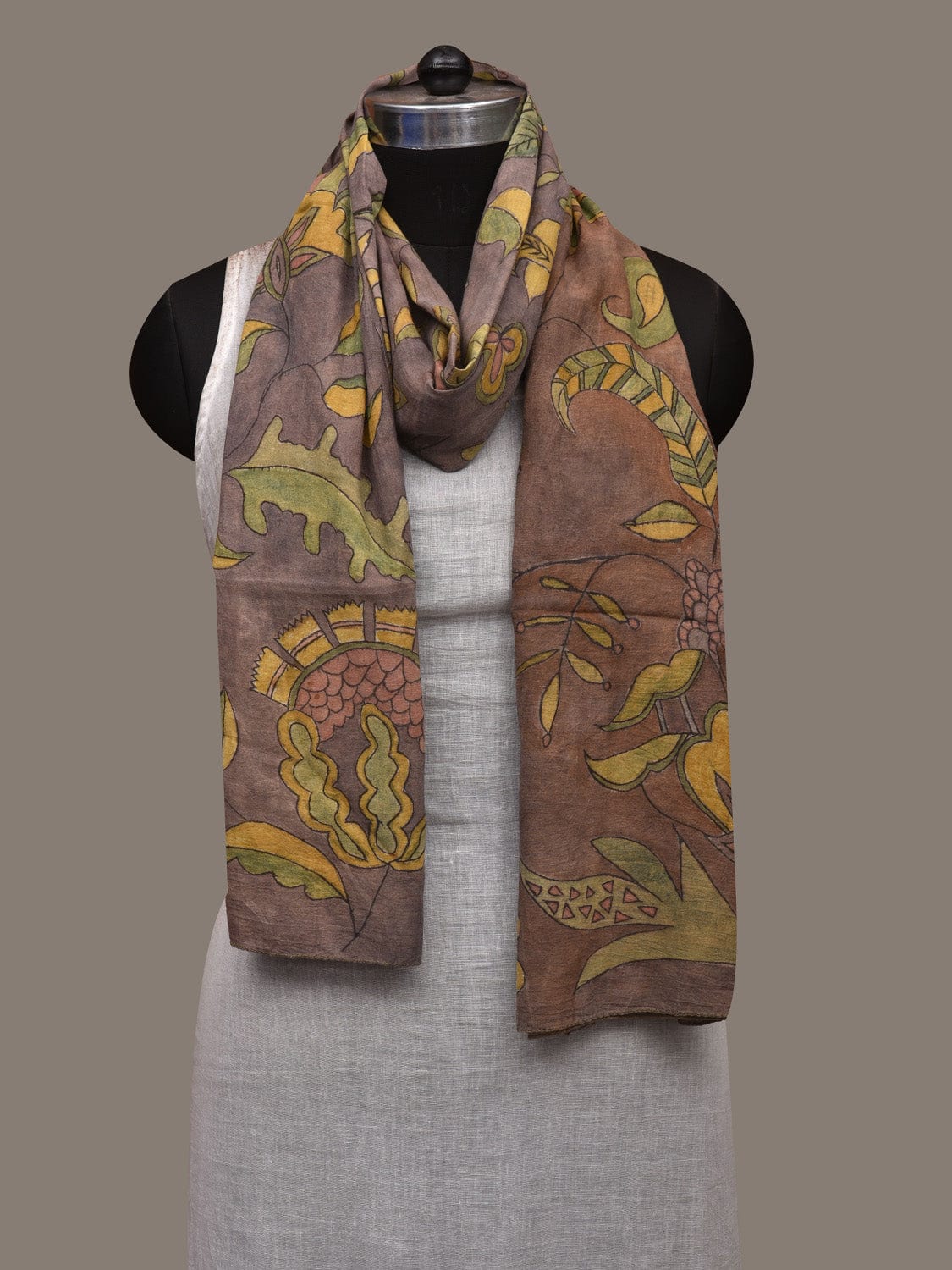 Light Grey Kalamkari Hand Painted Cotton Handloom Stole with Floral Design ds2998