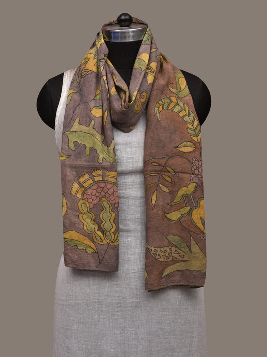 Light Grey Kalamkari Hand Painted Cotton Handloom Stole with Floral Design ds2998