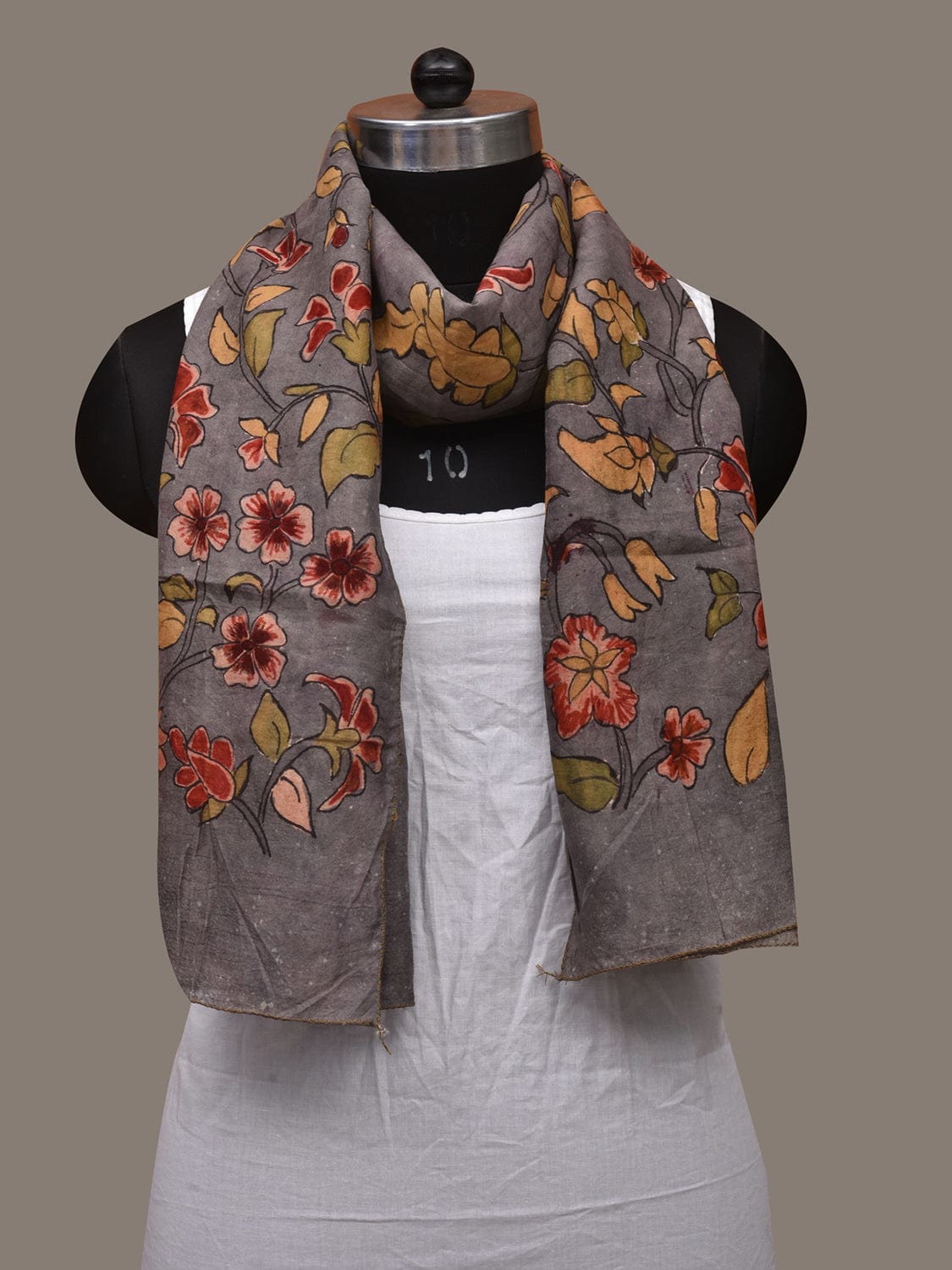 Light Grey Kalamkari Hand Painted Cotton Handloom Stole with Floral Design ds3036