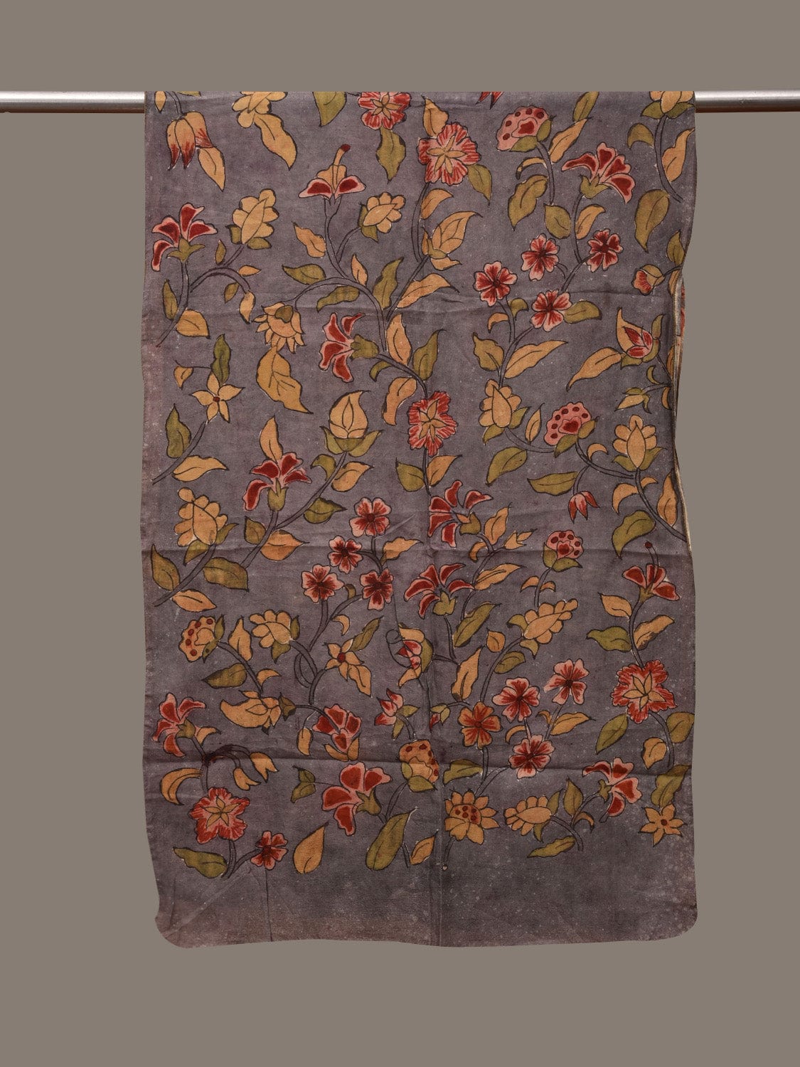 Light Grey Kalamkari Hand Painted Cotton Handloom Stole with Floral Design ds3036