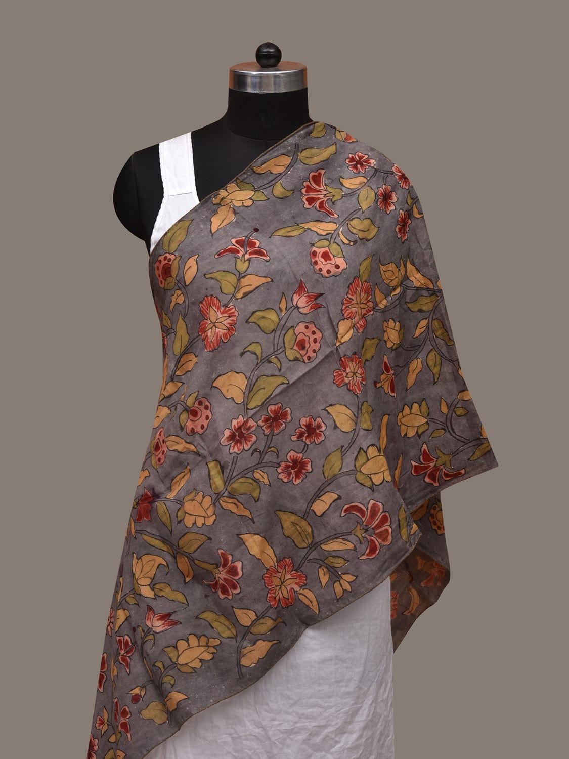 Light Grey Kalamkari Hand Painted Cotton Handloom Stole with Floral Design ds3036