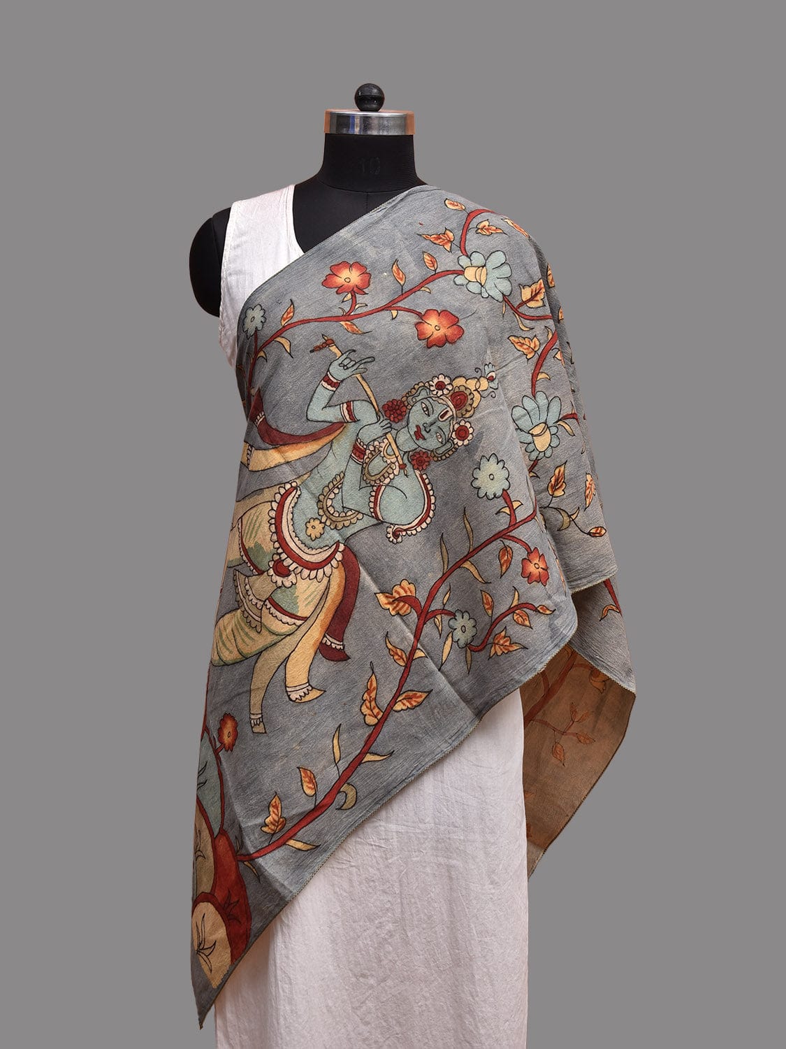 Light Grey Kalamkari Hand Painted Cotton Handloom Stole with Krishna Design ds3675