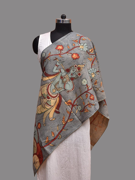 Light Grey Kalamkari Hand Painted Cotton Handloom Stole with Krishna Design ds3675