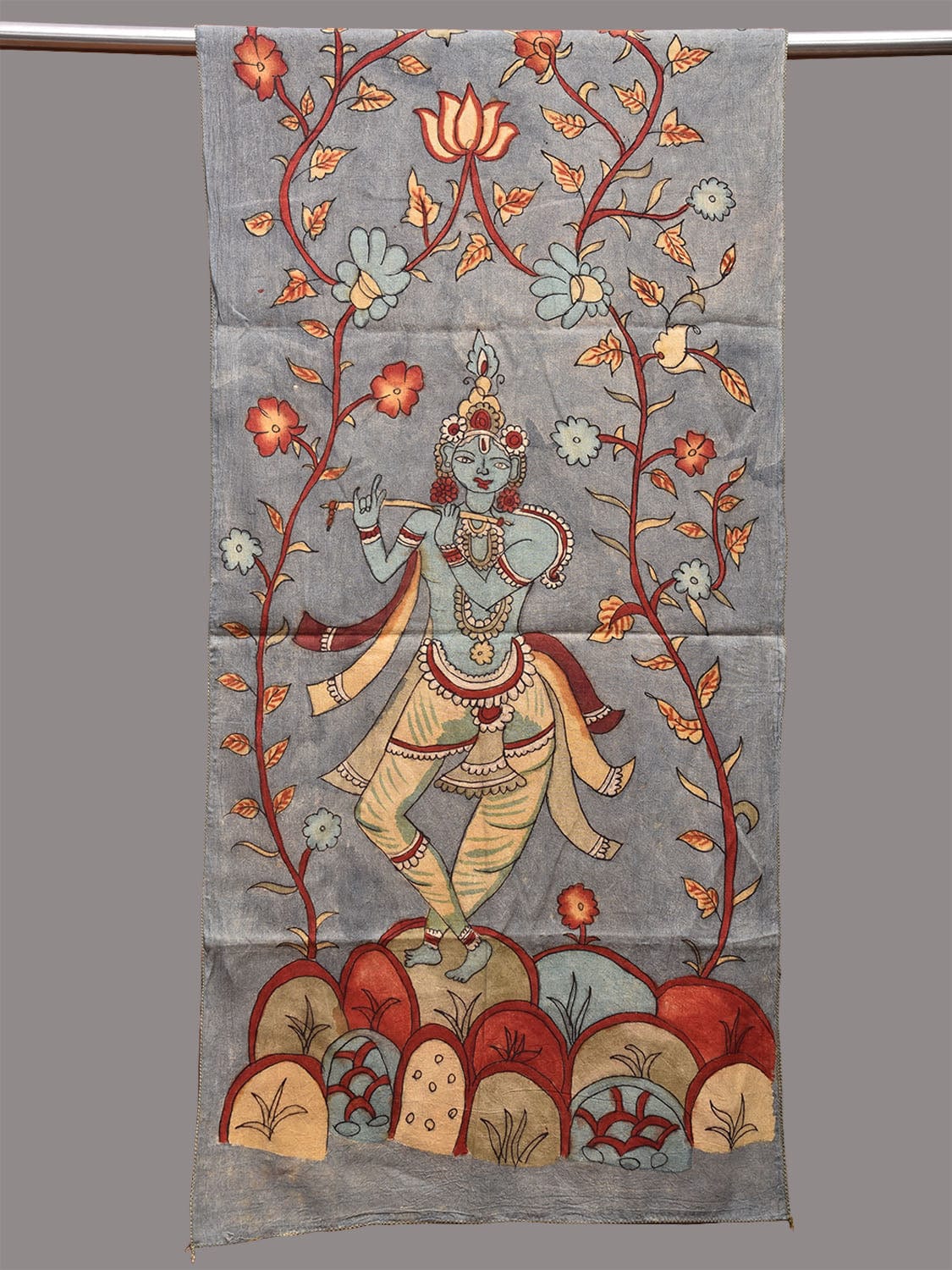 Light Grey Kalamkari Hand Painted Cotton Handloom Stole with Krishna Design ds3675