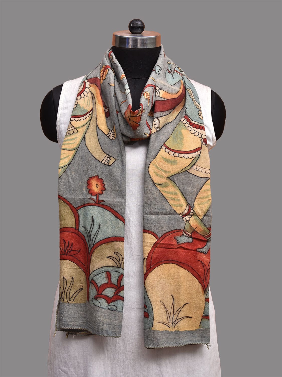 Light Grey Kalamkari Hand Painted Cotton Handloom Stole with Krishna Design ds3675