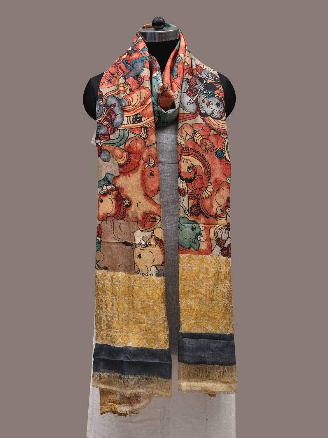 Light Grey Kalamkari Hand Painted Kanchipuram Silk Handloom Dupatta with Krishna and Cows Design ds2487