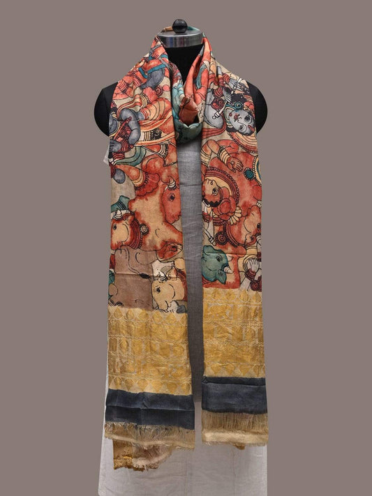 Light Grey Kalamkari Hand Painted Kanchipuram Silk Handloom Dupatta with Krishna and Cows Design ds2487