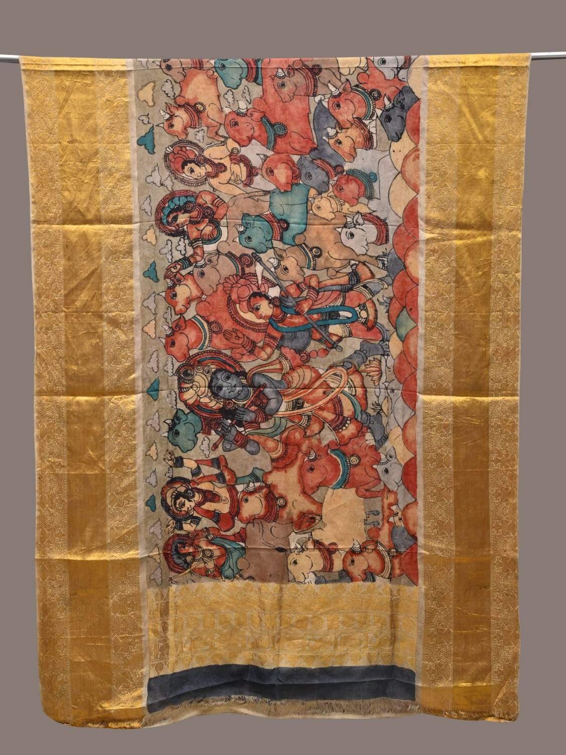 Light Grey Kalamkari Hand Painted Kanchipuram Silk Handloom Dupatta with Krishna and Cows Design ds2487