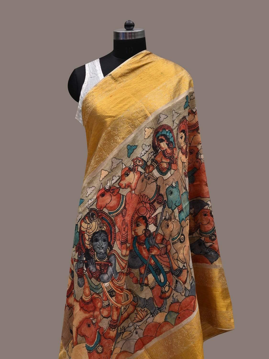 Light Grey Kalamkari Hand Painted Kanchipuram Silk Handloom Dupatta with Krishna and Cows Design ds2487