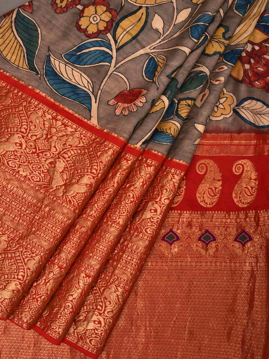 Light Grey Kalamkari Hand Painted Kanchipuram Silk Handloom Saree with Big Flowers and Birds Design KL0446