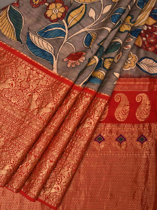 Light Grey Kalamkari Hand Painted Kanchipuram Silk Handloom Saree with Big Flowers and Birds Design KL0446