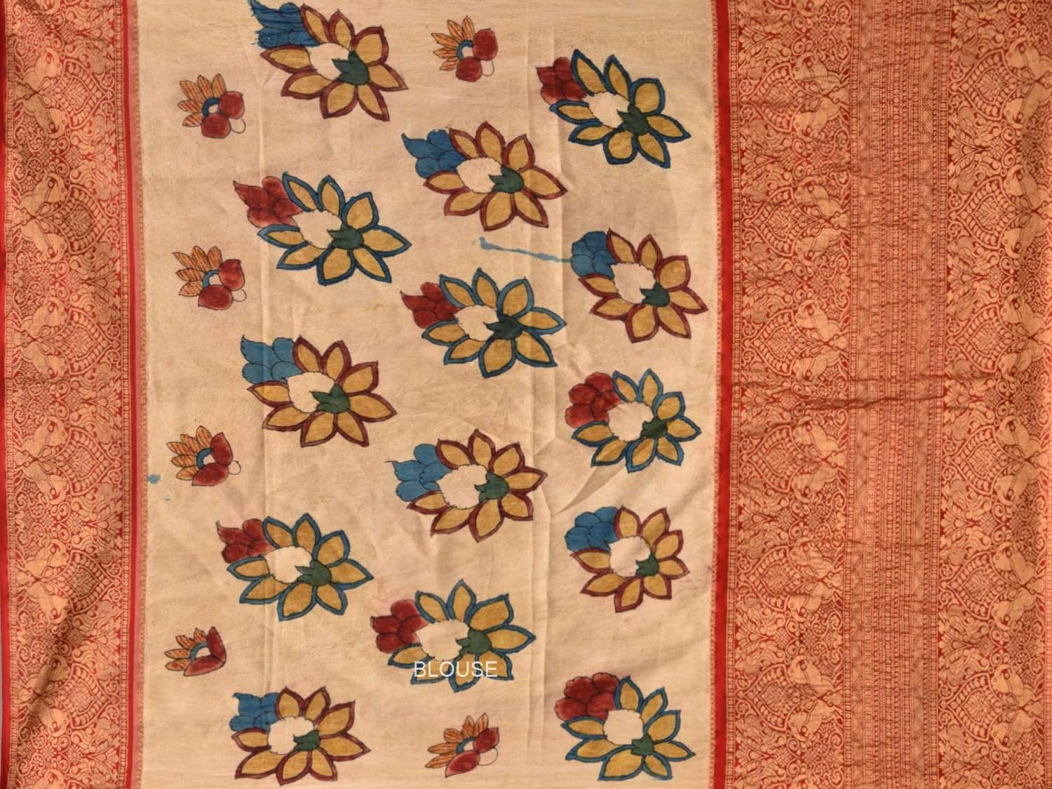 Light Grey Kalamkari Hand Painted Kanchipuram Silk Handloom Saree with Big Flowers and Birds Design KL0446