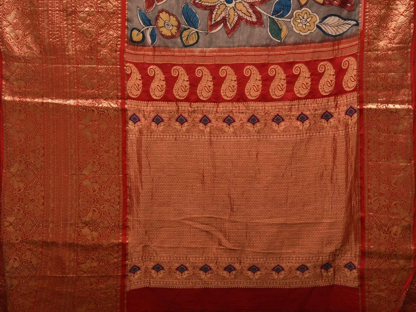 Light Grey Kalamkari Hand Painted Kanchipuram Silk Handloom Saree with Big Flowers and Birds Design KL0446