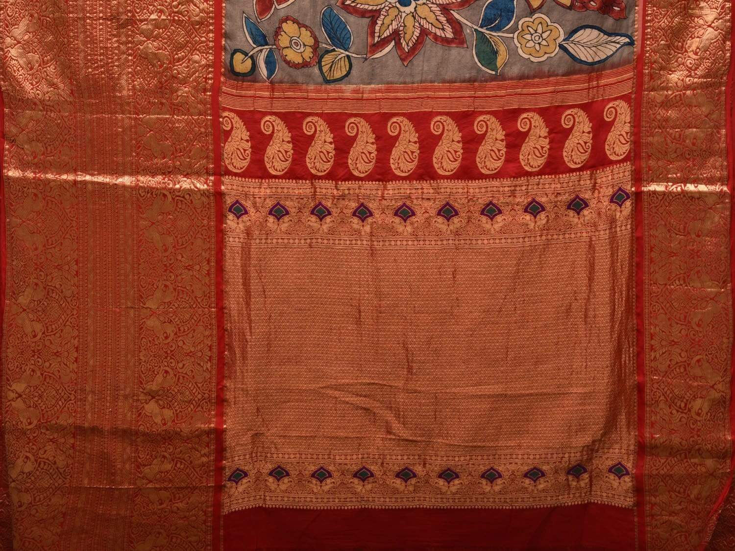 Light Grey Kalamkari Hand Painted Kanchipuram Silk Handloom Saree with Big Flowers and Birds Design KL0446