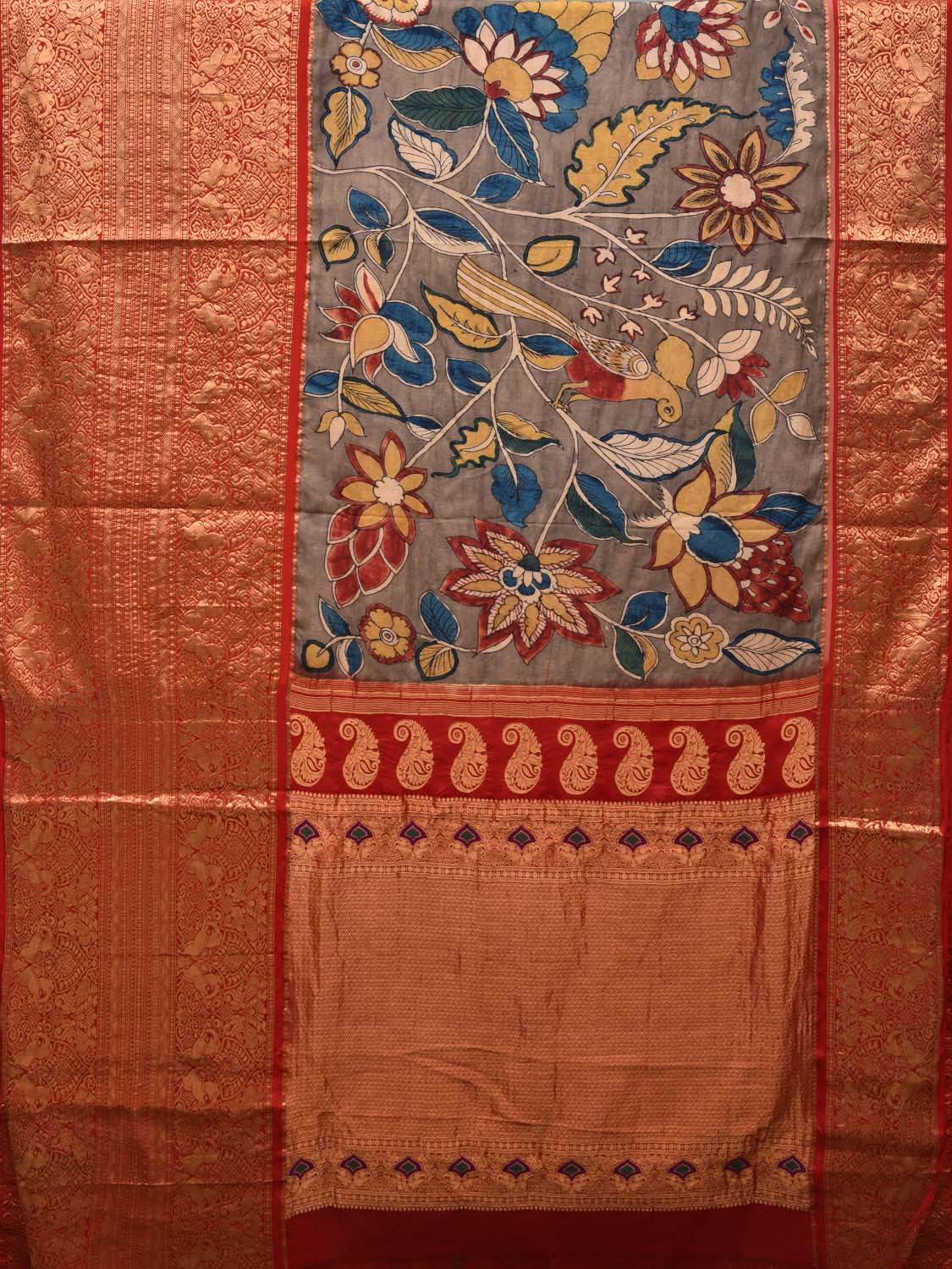 Light Grey Kalamkari Hand Painted Kanchipuram Silk Handloom Saree with Big Flowers and Birds Design KL0446