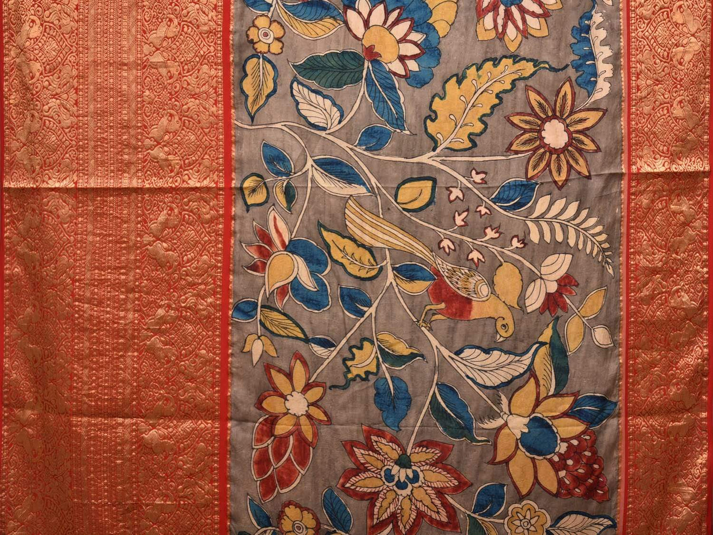 Light Grey Kalamkari Hand Painted Kanchipuram Silk Handloom Saree with Big Flowers and Birds Design KL0446