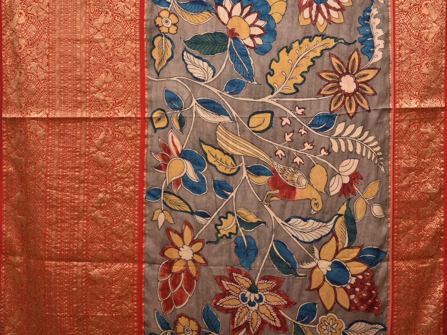 Light Grey Kalamkari Hand Painted Kanchipuram Silk Handloom Saree with Big Flowers and Birds Design KL0446