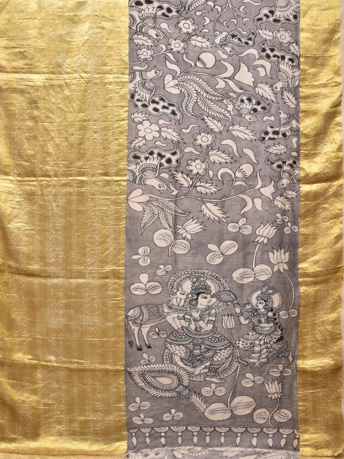 Light Grey Kalamkari Hand Painted Kanchipuram Silk Handloom Saree with Birds and Krishna Pallu Design KL0415