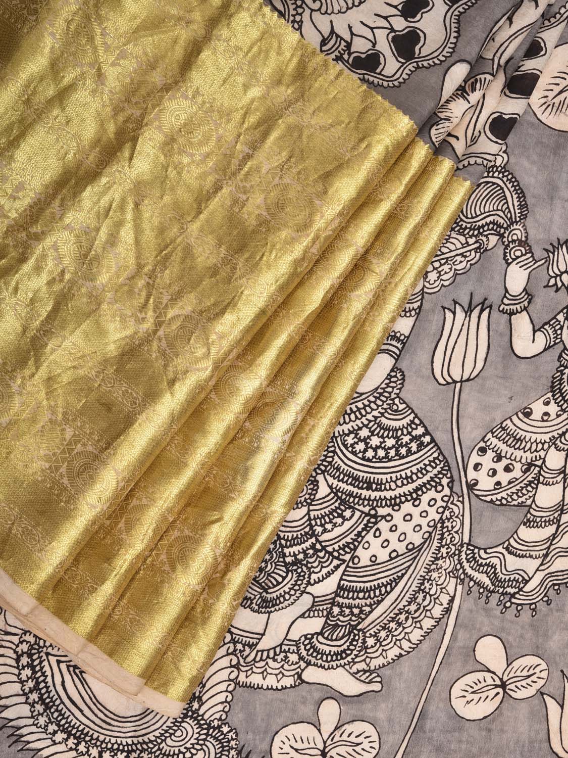 Light Grey Kalamkari Hand Painted Kanchipuram Silk Handloom Saree with Birds and Krishna Pallu Design KL0415