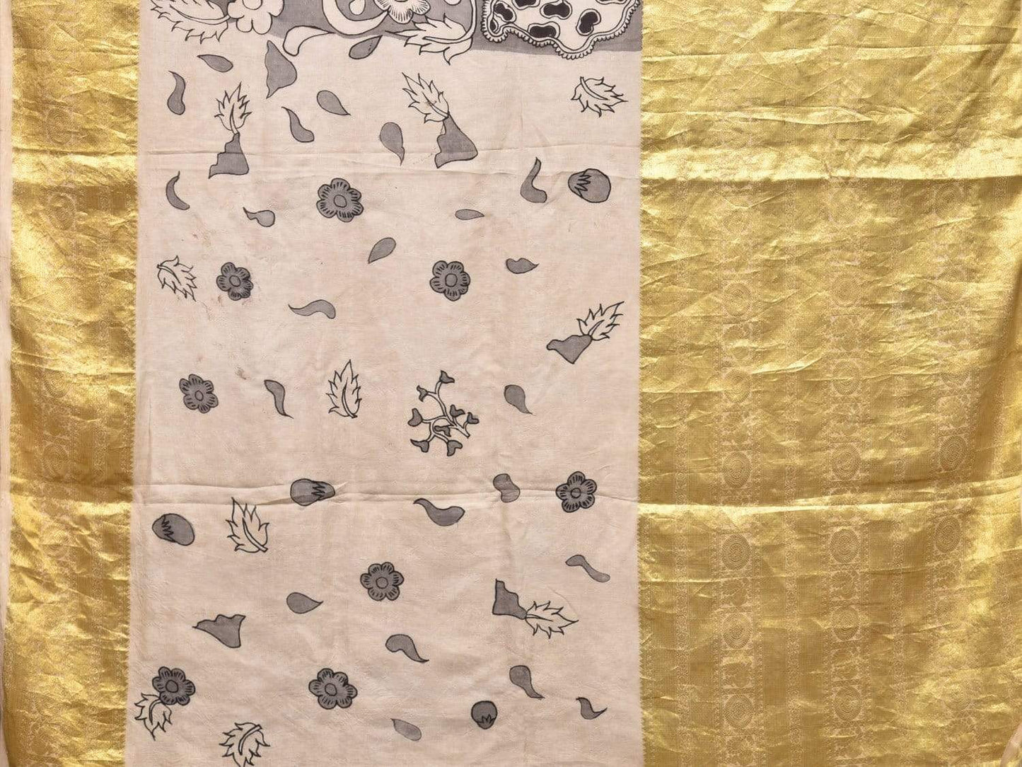 Light Grey Kalamkari Hand Painted Kanchipuram Silk Handloom Saree with Birds and Krishna Pallu Design KL0415