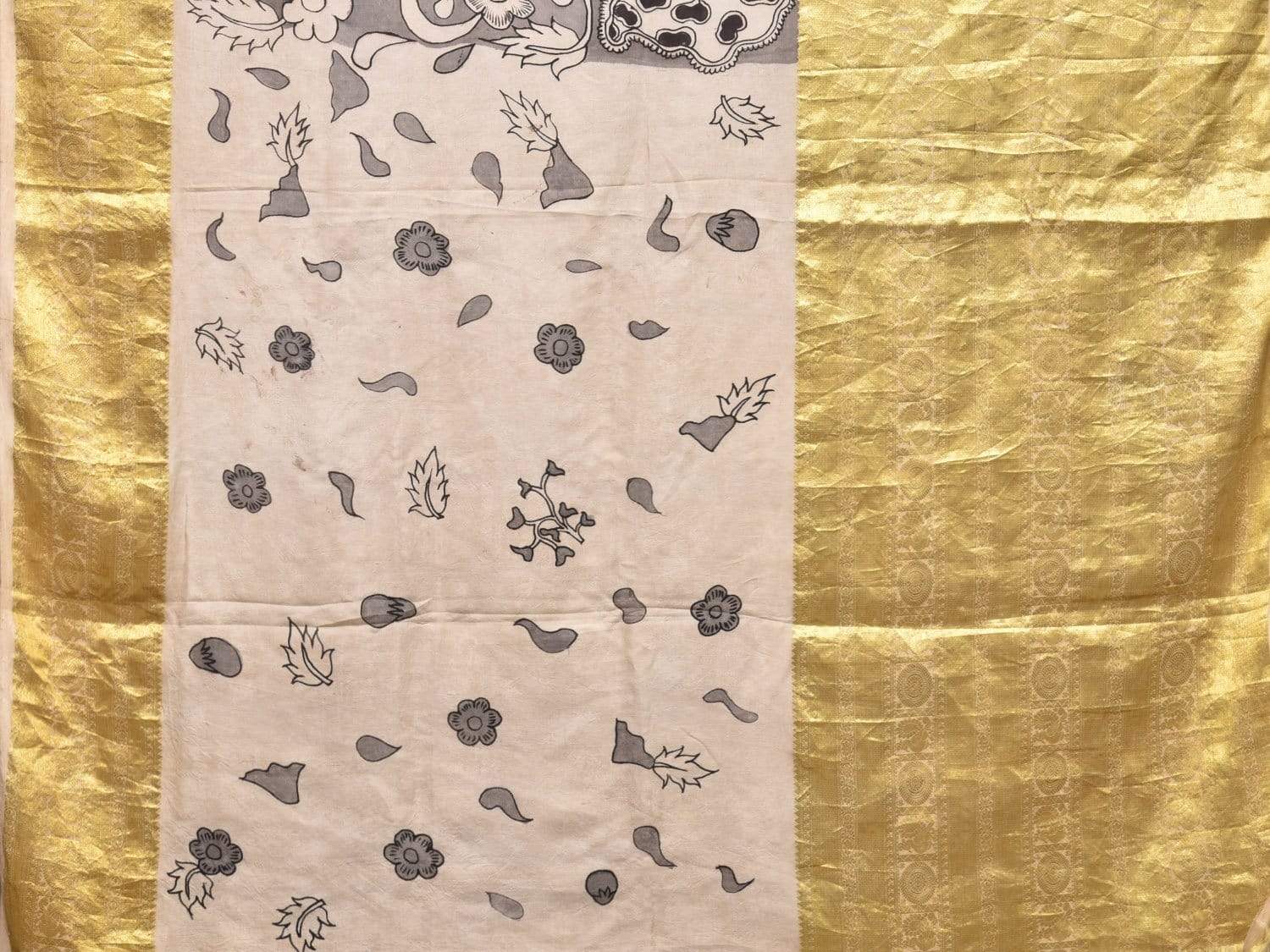 Light Grey Kalamkari Hand Painted Kanchipuram Silk Handloom Saree with Birds and Krishna Pallu Design KL0415