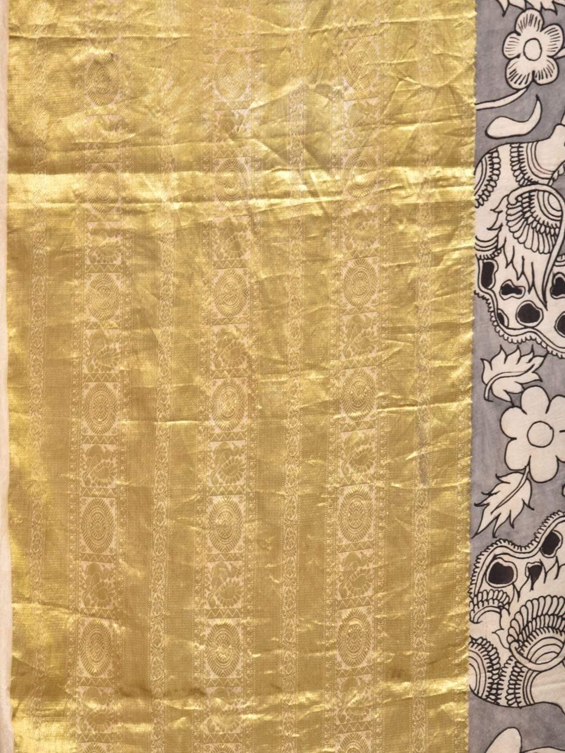 Light Grey Kalamkari Hand Painted Kanchipuram Silk Handloom Saree with Birds and Krishna Pallu Design KL0415