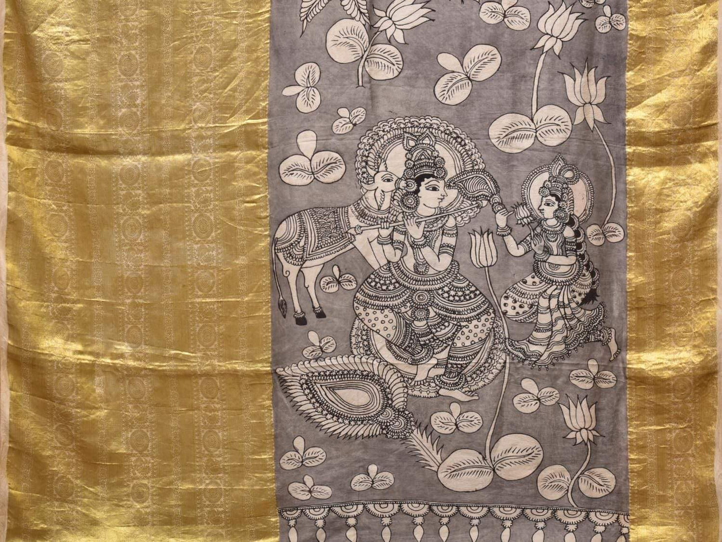 Light Grey Kalamkari Hand Painted Kanchipuram Silk Handloom Saree with Birds and Krishna Pallu Design KL0415