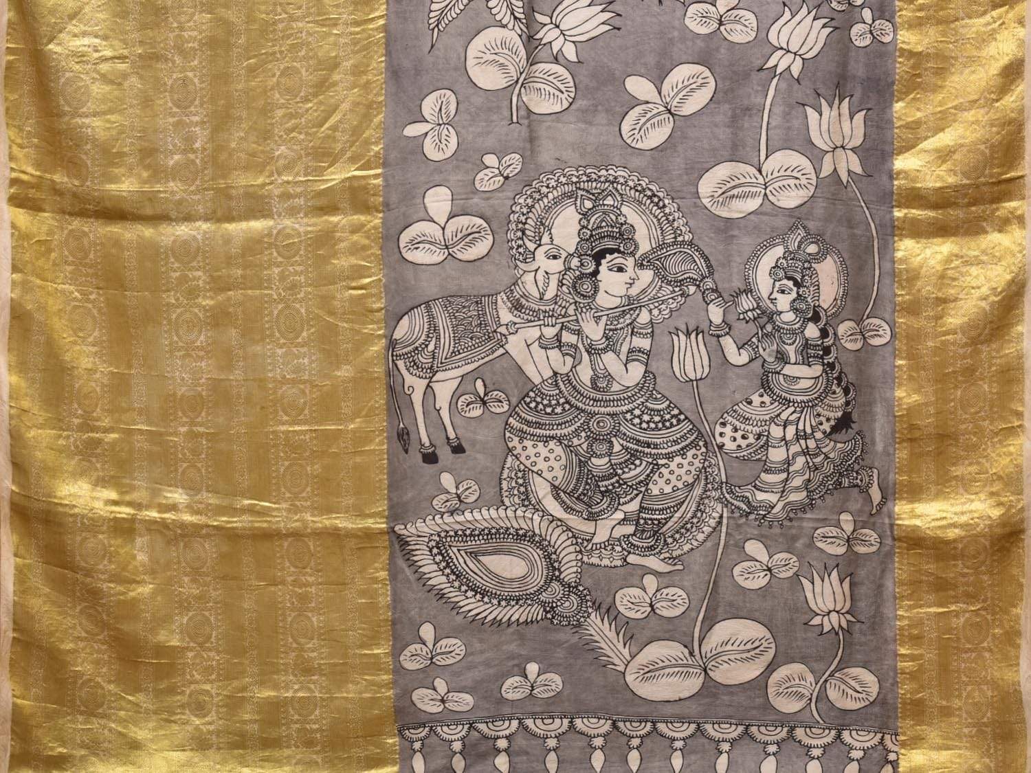 Light Grey Kalamkari Hand Painted Kanchipuram Silk Handloom Saree with Birds and Krishna Pallu Design KL0415