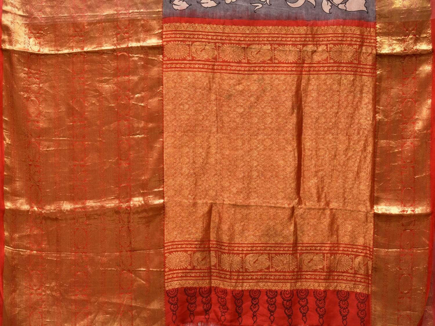 Light Grey Kalamkari Hand Painted Kanchipuram Silk Handloom Saree with Birds Design KL0416