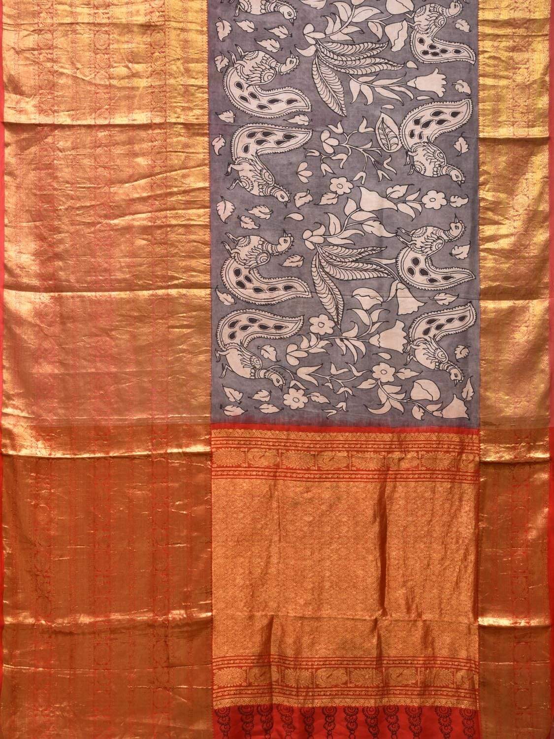 Light Grey Kalamkari Hand Painted Kanchipuram Silk Handloom Saree with Birds Design KL0416