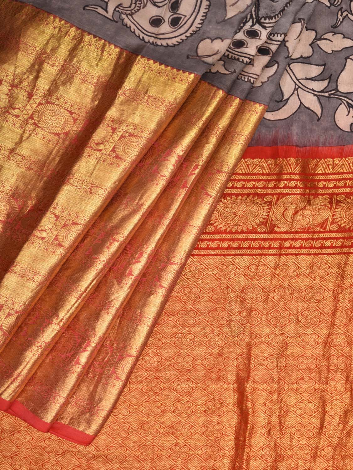Light Grey Kalamkari Hand Painted Kanchipuram Silk Handloom Saree with Birds Design KL0416