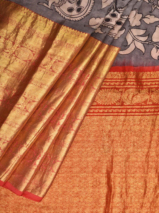 Light Grey Kalamkari Hand Painted Kanchipuram Silk Handloom Saree with Birds Design KL0416