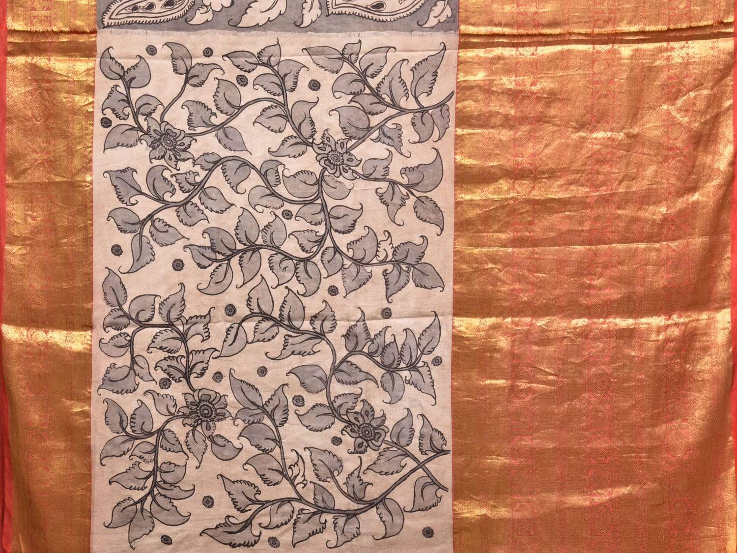 Light Grey Kalamkari Hand Painted Kanchipuram Silk Handloom Saree with Birds Design KL0416