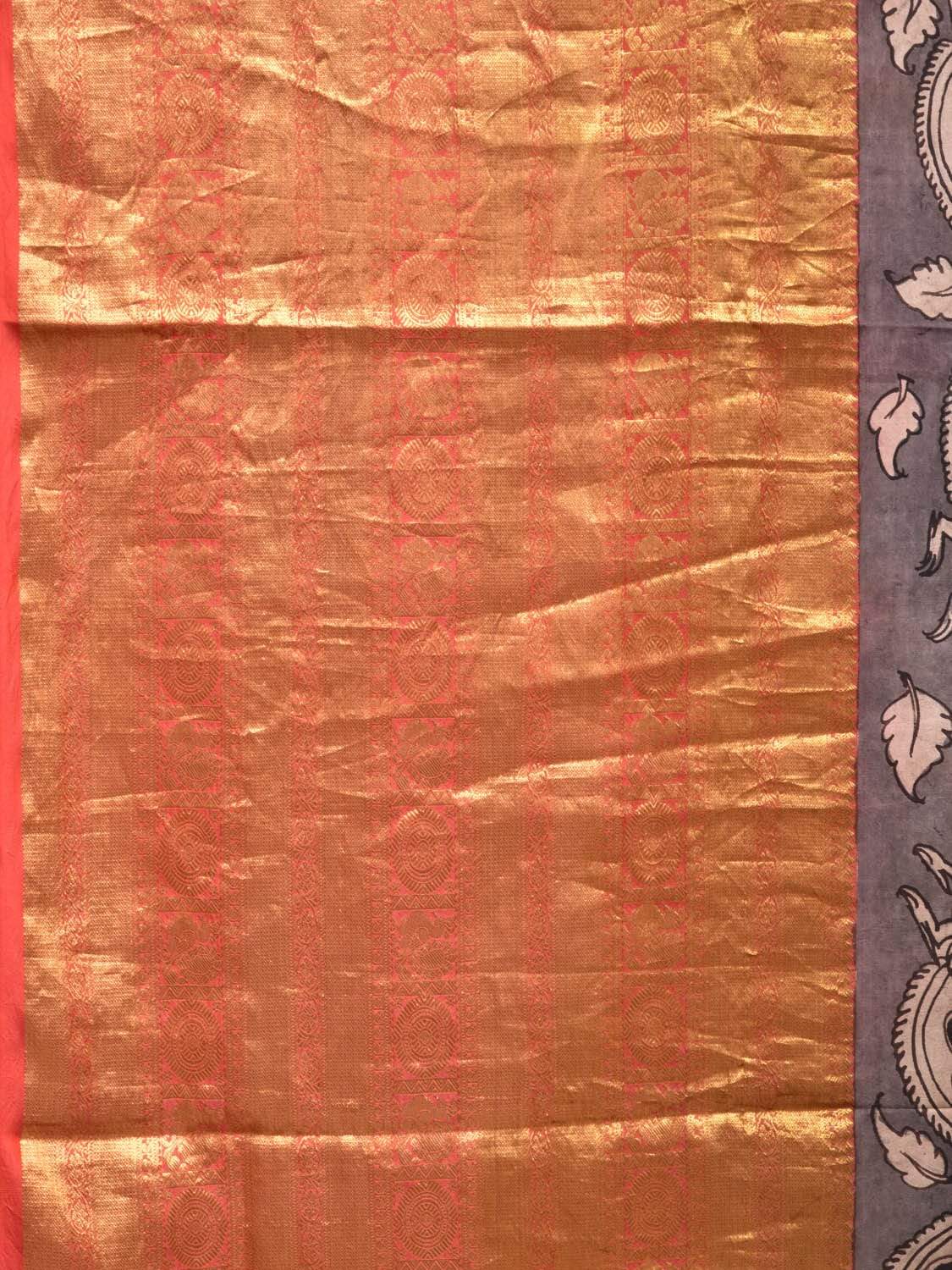 Light Grey Kalamkari Hand Painted Kanchipuram Silk Handloom Saree with Birds Design KL0416
